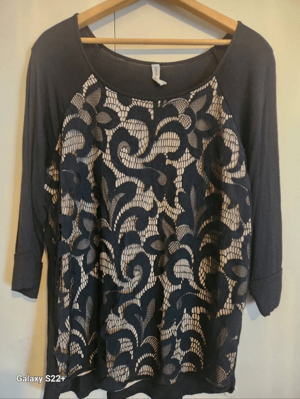 F99 Sweet Grey Women's Black Lace-Overlay Pullover stretchy Top
